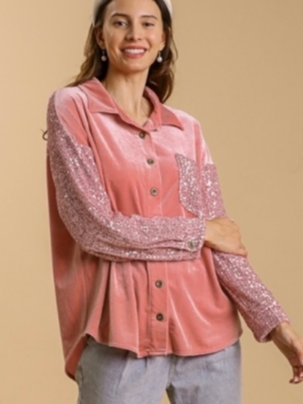 Umgee Rose Velvet Button-Down with Sequin Sleeves Pink